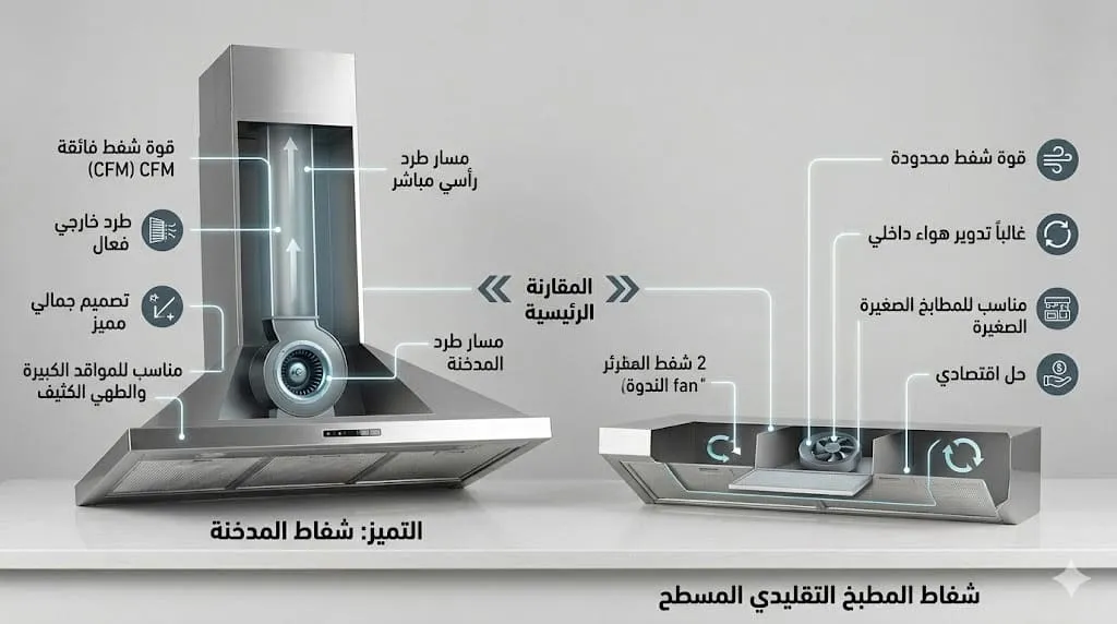 أسس اختيار شفاط مطبخ مدخنة وتجهيز فتحات طرد الهواء بالكويت 1 خصائص شفاطات مداخن المطابخ ومقارنتها بالأنواع الأخرى